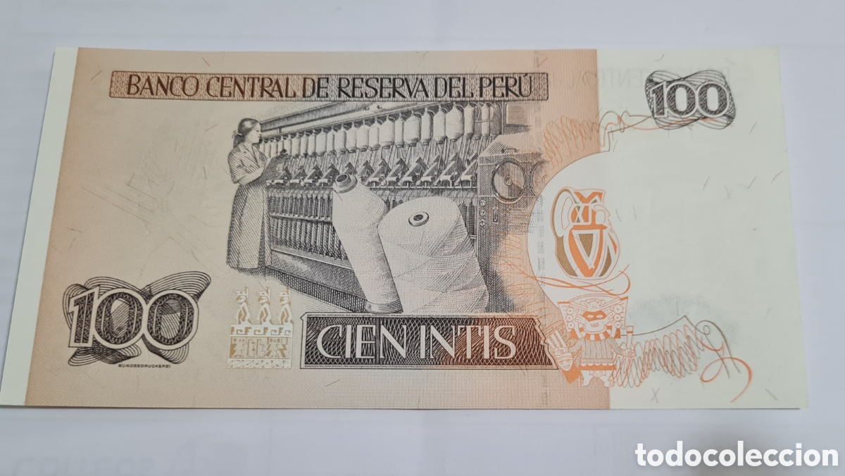 Billetes extranjeros: Billetes Peru, 1.987, 100 Intis,Plancha. - Foto 2