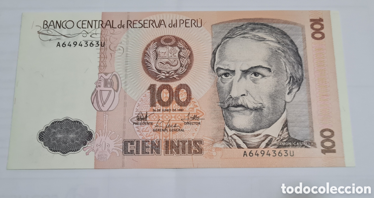 Billetes extranjeros: Billetes Peru, 1.987, 100 Intis,Plancha. - Foto 1