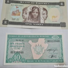 Billetes extranjeros: 2 BILLETES, ERITREA, 1.997, 1 NAFKA,PLANCHA Y BURUNDI, 1.997, 10 FRANC CUMI,PLANCHA.. Lote 401731299