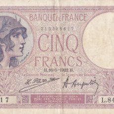 Billetes extranjeros: FRANCIA 5 FRANCOS 1922 III REPÚBLICA FRANCESA. Lote 403410854