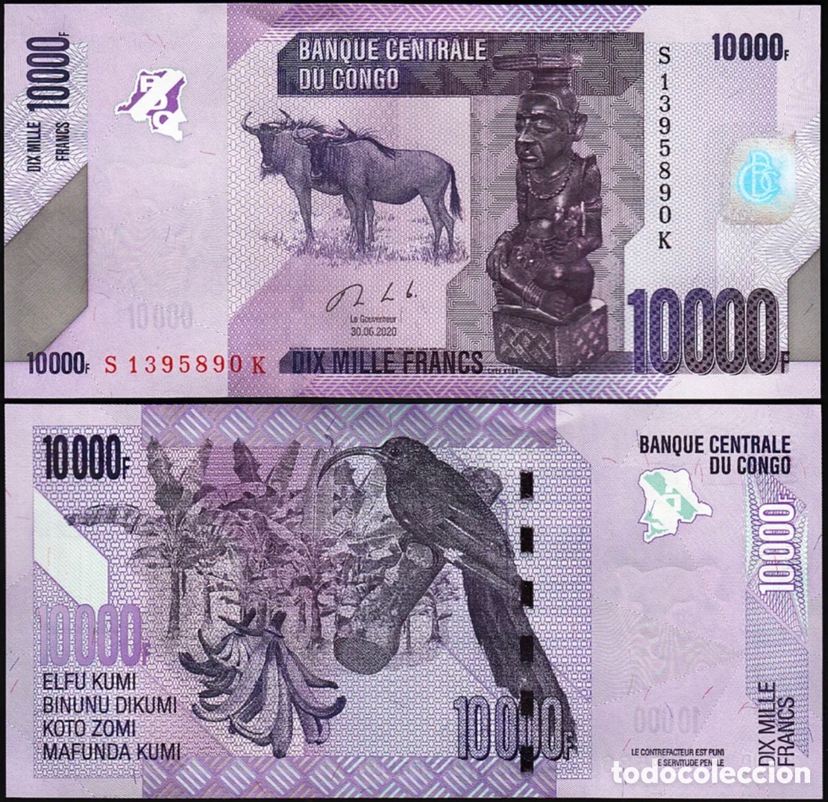 Billetes extranjeros: Billete CONGO 10000 Francos 2020 SC - Foto 1