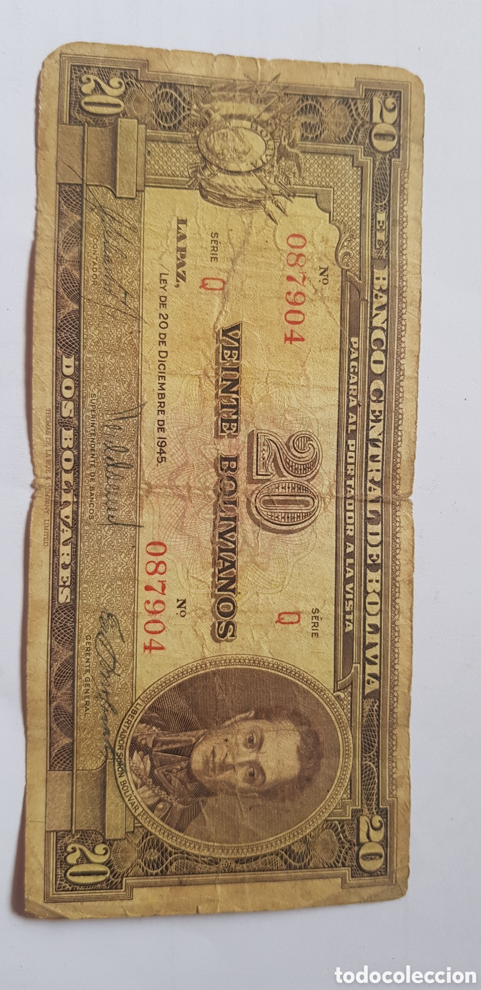 Billetes extranjeros: 20 Bolivianos 2 Bolivares 1945 Serie Q Bolivia