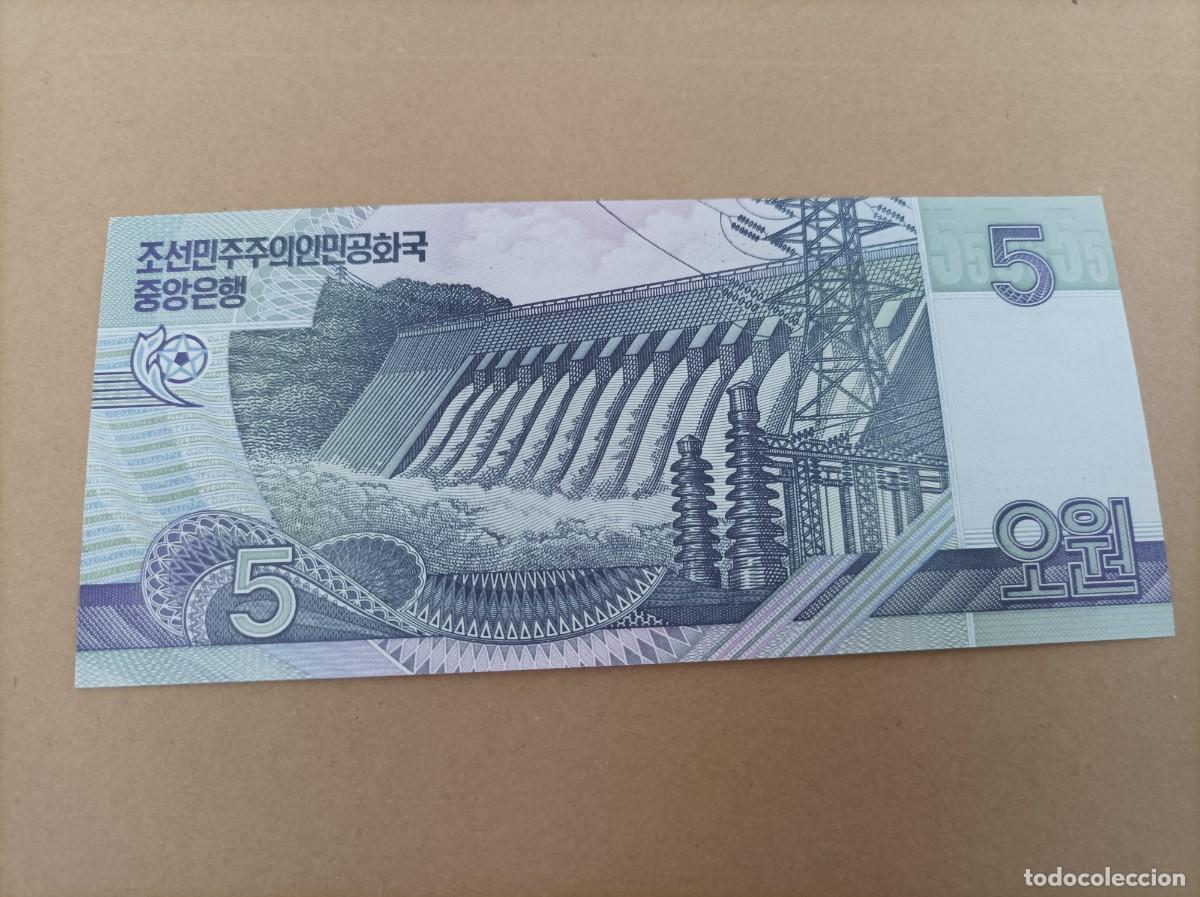 Billetes extranjeros: Billete de Corea del norte de 5 won, a&ntilde;o 2002, UNC - Foto 1
