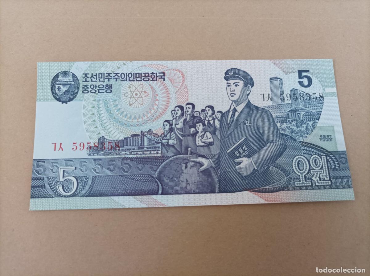 Billetes extranjeros: Billete de Corea del norte de 5 won, a&ntilde;o 1998, UNC - Foto 1