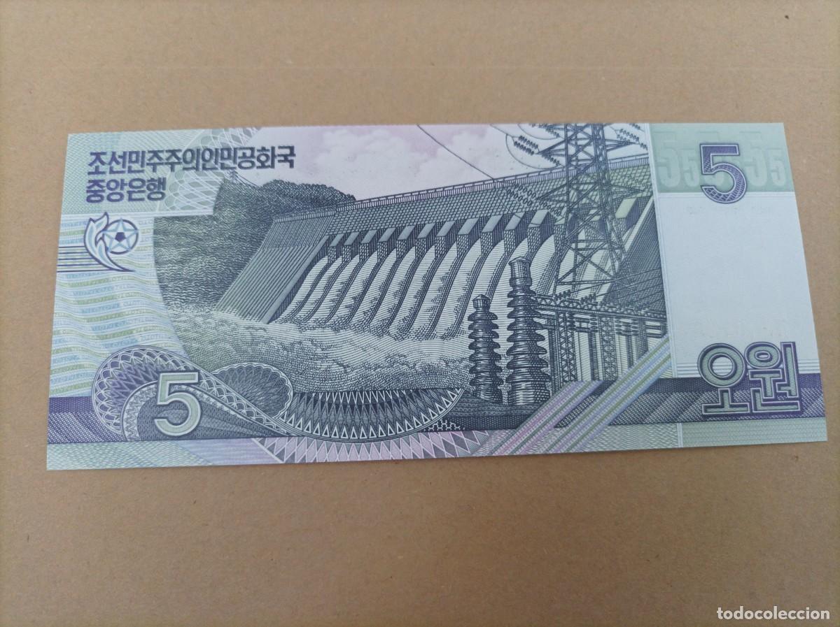 Billetes extranjeros: Billete de Corea del norte de 5 won, a&ntilde;o 1998, UNC - Foto 2