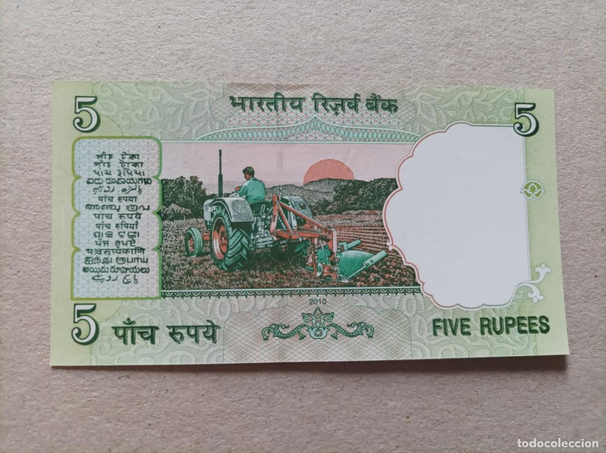 Billetes extranjeros: Billete de la India de 5 rupias, a&ntilde;o 2010, UNC - Foto 1