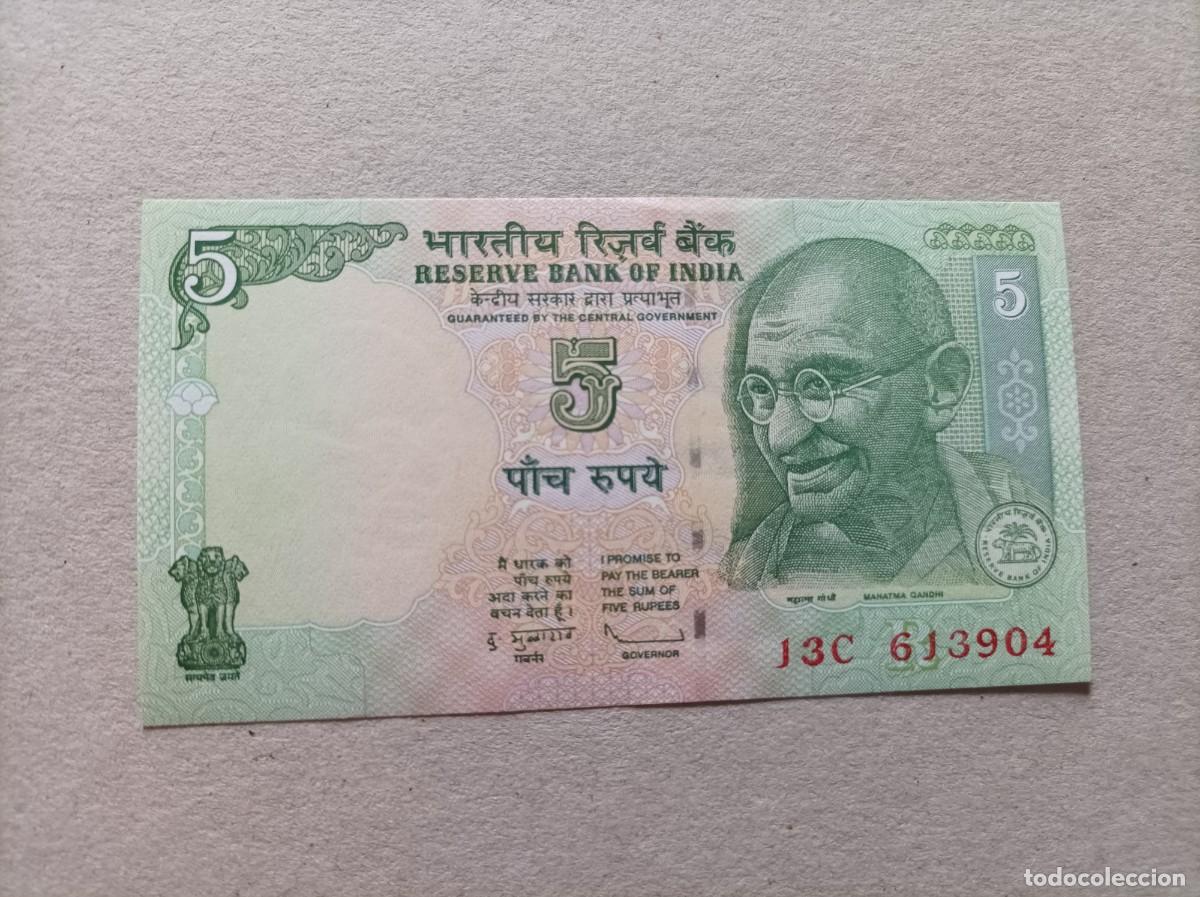 Billetes extranjeros: Billete de la India de 5 rupias, a&ntilde;o 2010, UNC - Foto 2
