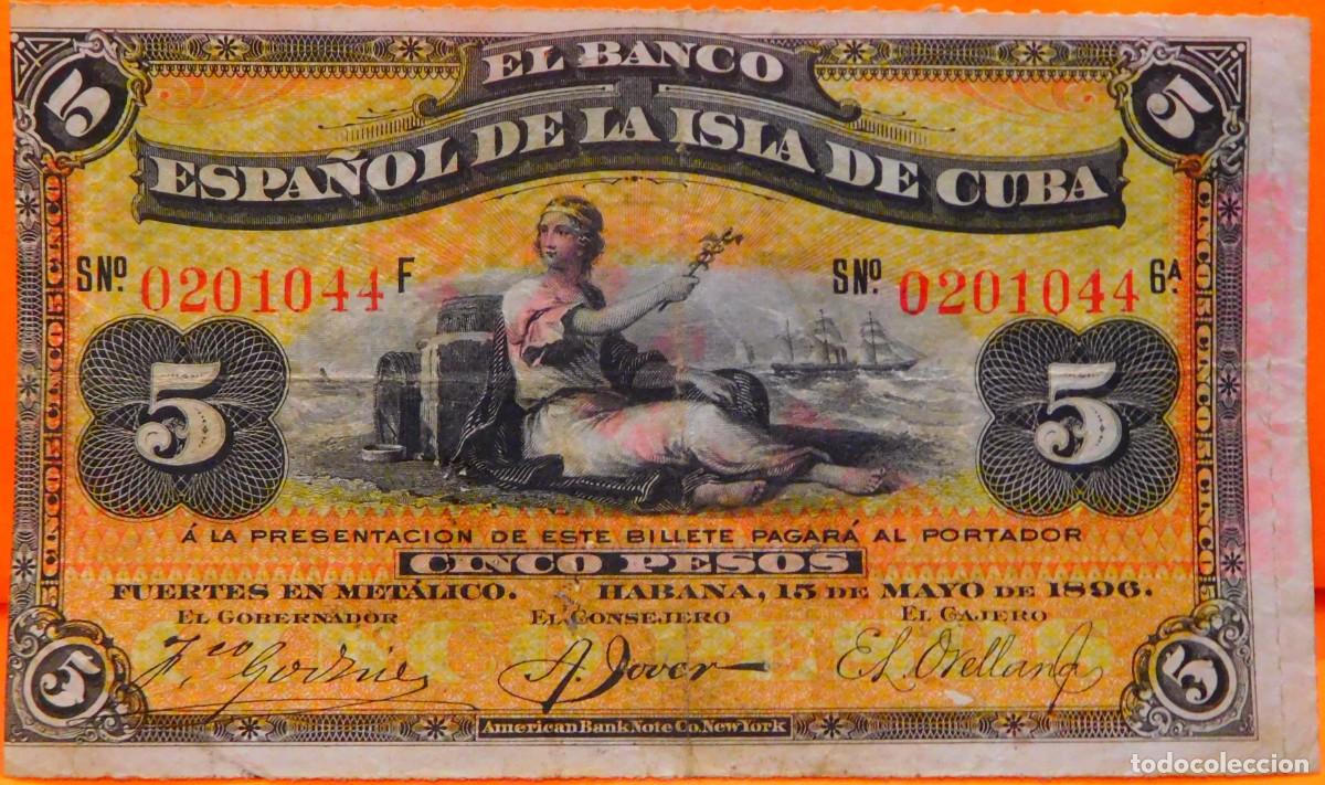 Billetes extranjeros: CUBA, 5 PESOS, 1896. - Foto 1