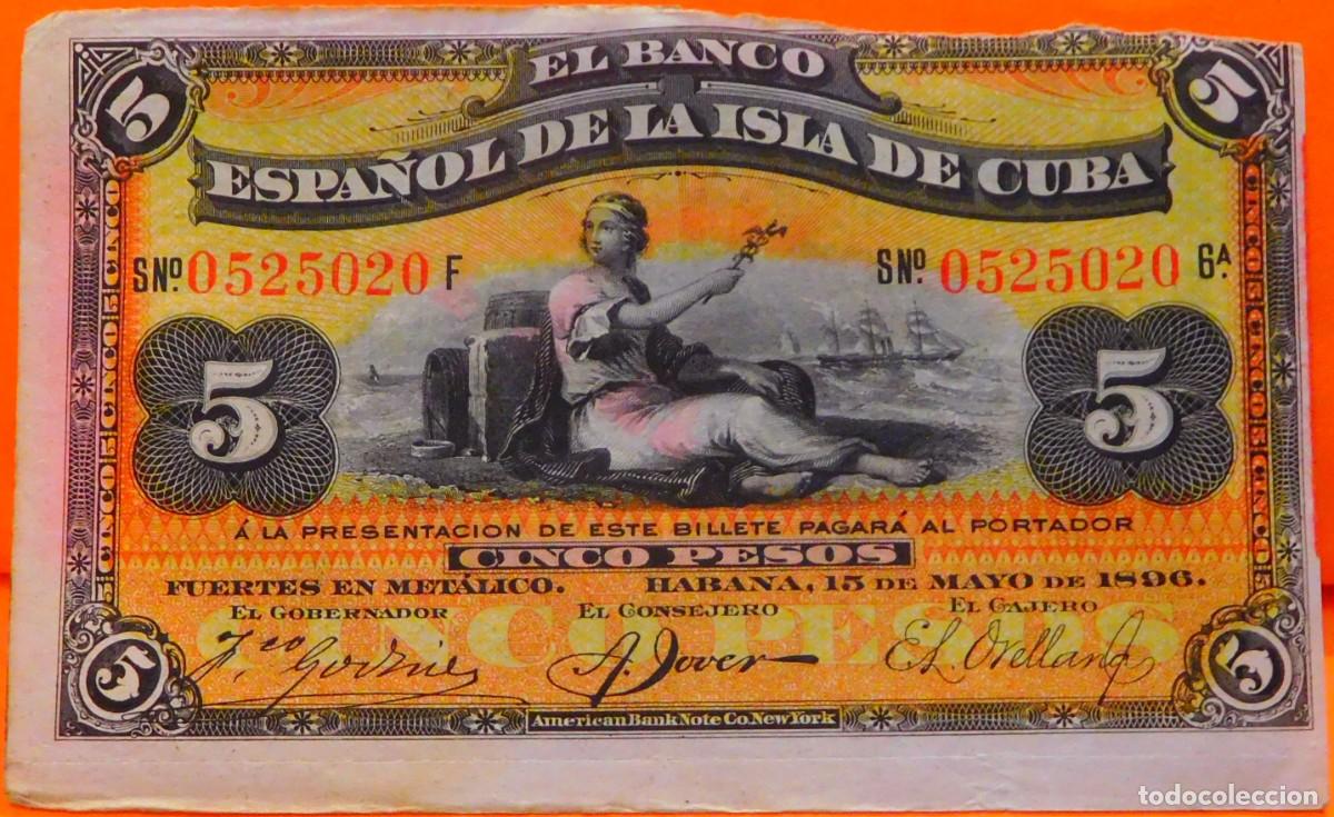 Billetes extranjeros: CUBA, 5 PESOS, 1896. - Foto 1