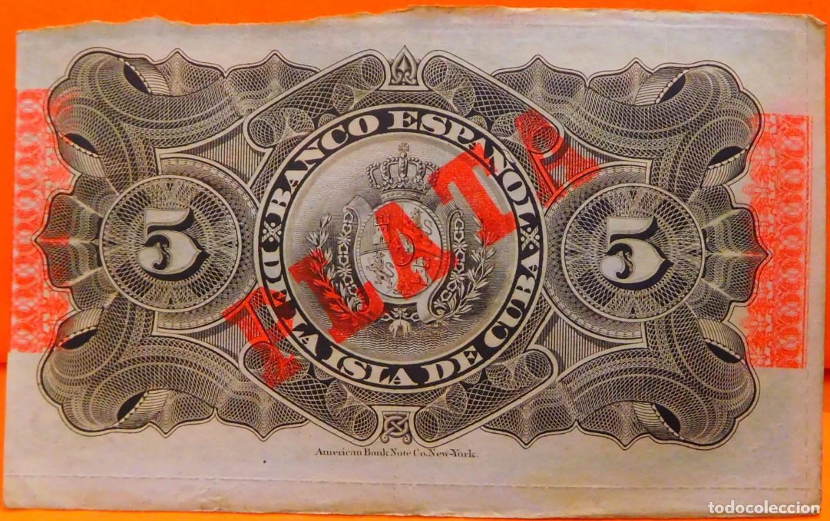 Billetes extranjeros: CUBA, 5 PESOS, 1896. - Foto 2