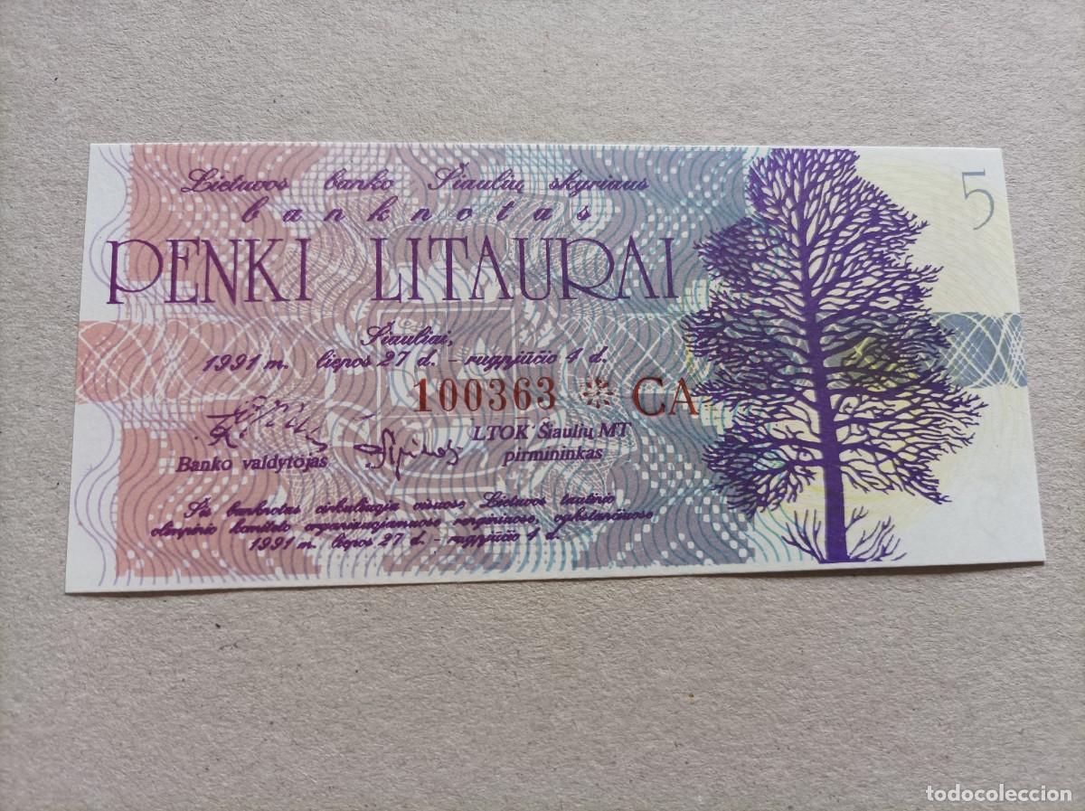 Billetes extranjeros: Billete de Lituania de 5 litas, a&ntilde;o 1991, UNC - Foto 1