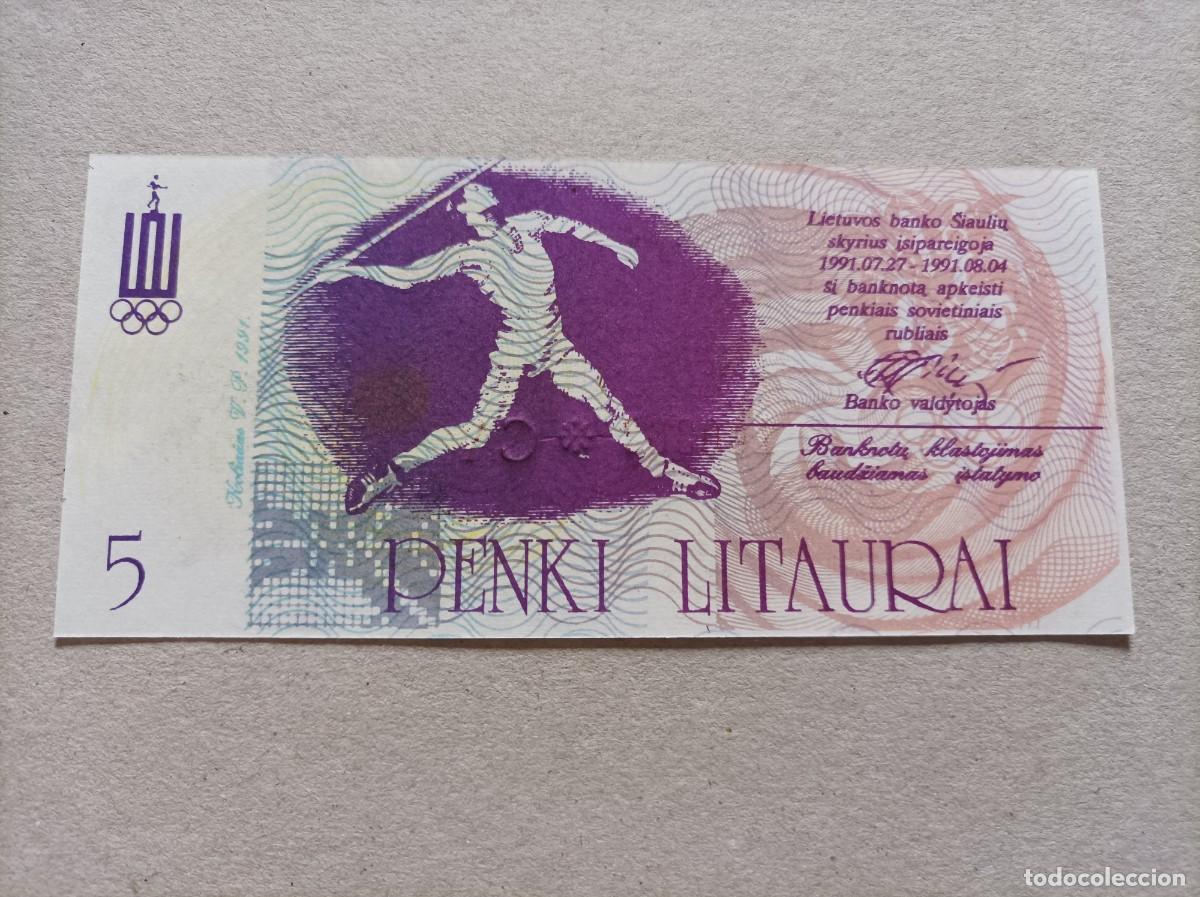 Billetes extranjeros: Billete de Lituania de 5 litas, a&ntilde;o 1991, UNC - Foto 2