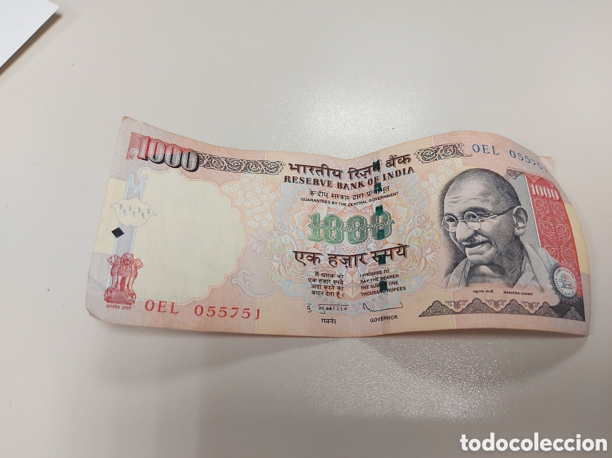 Billetes extranjeros: India 1000 rupees Gandhi 2011 - Foto 1