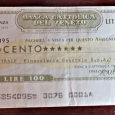 Billetes extranjeros: ITALIA - MINIASSEGNO - 100 LIRE 1976 .BANCA CATOLICA DEL VENETO, BUEN ESTADO. VER FOTOS