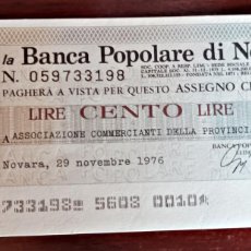 Billetes extranjeros: ITALIA - MINIASSEGNO - 100 LIRE 1976 .BANCA POPULARE DI NOVARA, BUEN ESTADO. VER FOTOS