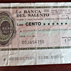 Billetes extranjeros: ITALIA - MINIASSEGNO - 100 LIRE 1977 .LA BANCA DEL SALENTO, BUEN ESTADO. VER FOTOS
