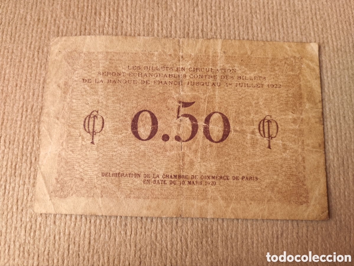 Billetes extranjeros: Billete de 50 c&eacute;ntimos C&aacute;mara de Comercio de Par&iacute;s 1920 circulado - Foto 2
