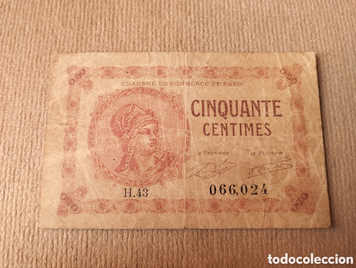 Billetes extranjeros: Billete de 50 c&eacute;ntimos C&aacute;mara de Comercio de Par&iacute;s 1920 circulado - Foto 1