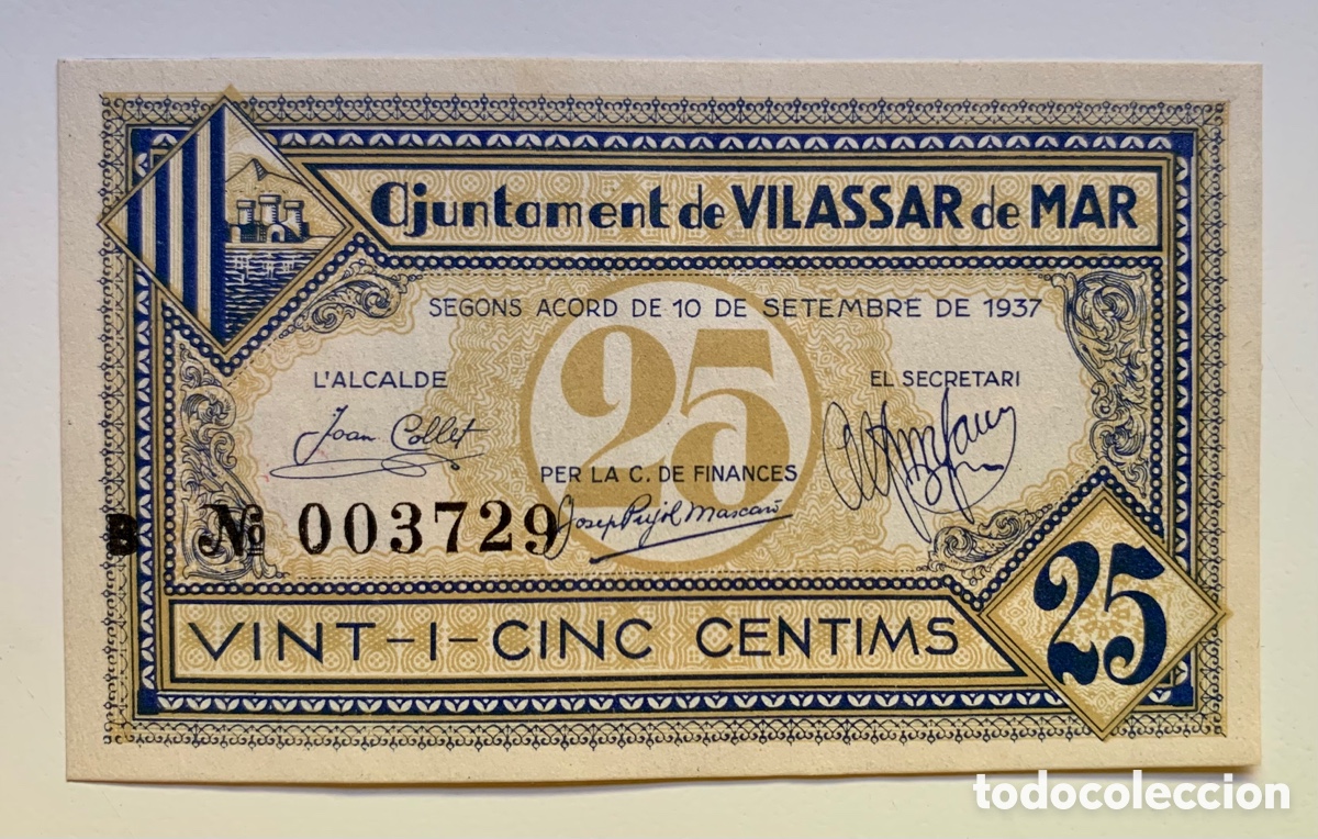 Banconote internazionali: Billete Local / Municipal VILASSAR DE MAR 25 Centimos 1937 SC-