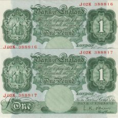Billetes extranjeros: BILLETES - GRAN BRETAÑA - 1 LIBRA (1955-60) - SERIE J02K - (PAREJA CORR.) - PICK-369C (SC-)