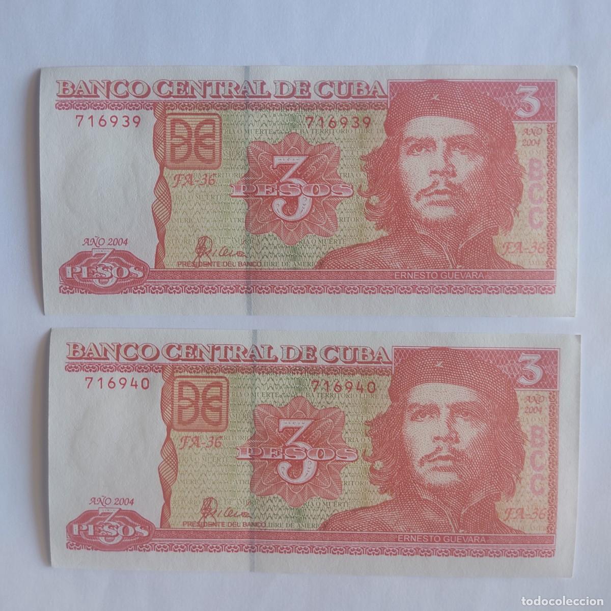 Billetes extranjeros: Cuba-3 pesos-2004-2 billetes correlativos-plancha.