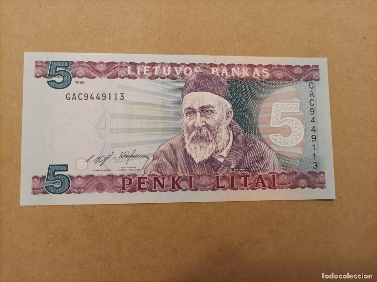 Billetes extranjeros: Billete de Lituania de 5 litas, a&ntilde;o 1993, UNC - Foto 2