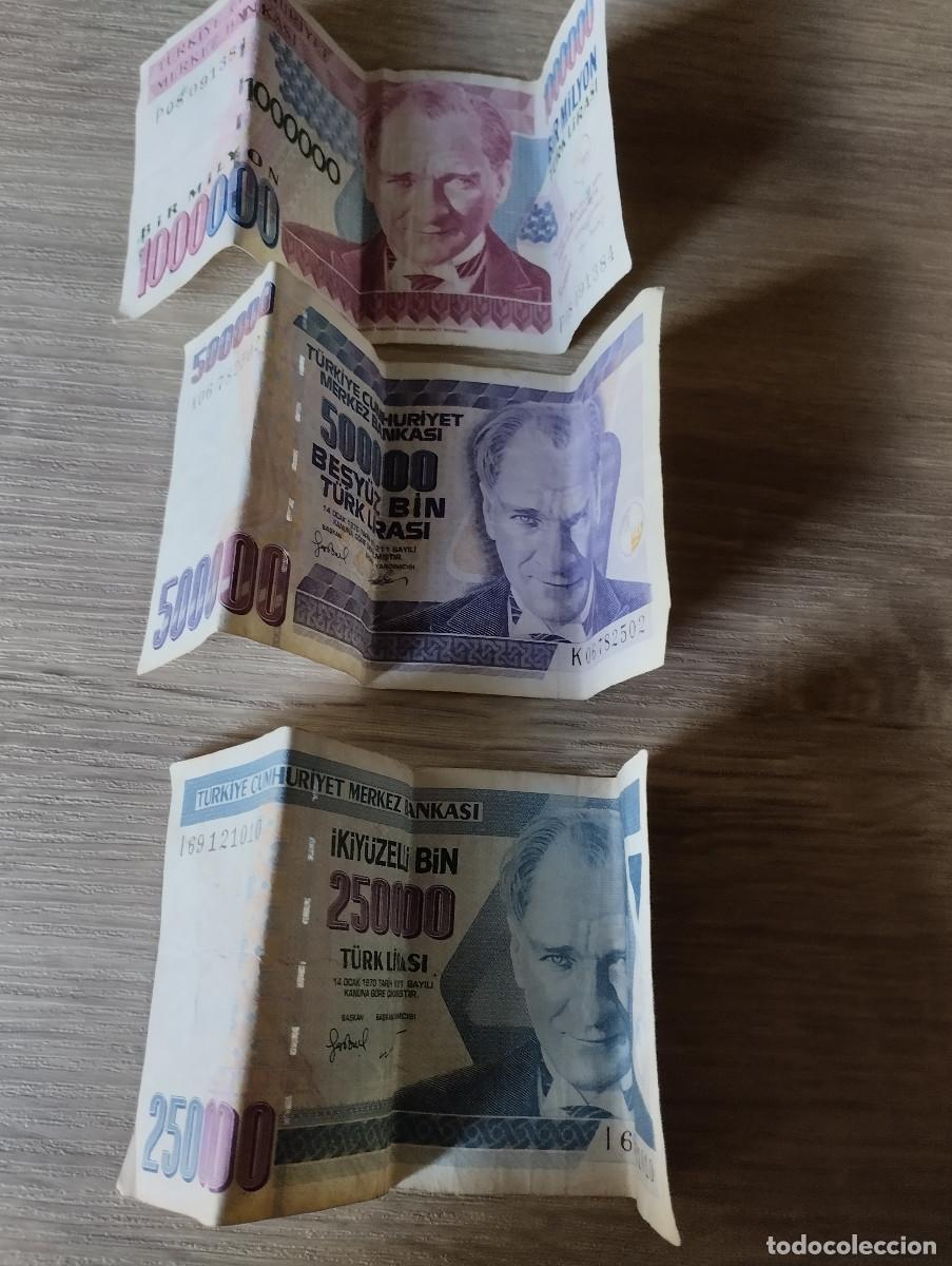 Billetes extranjeros: lote de 3 billetes de liras turcas de 100000, 250000 y 500000