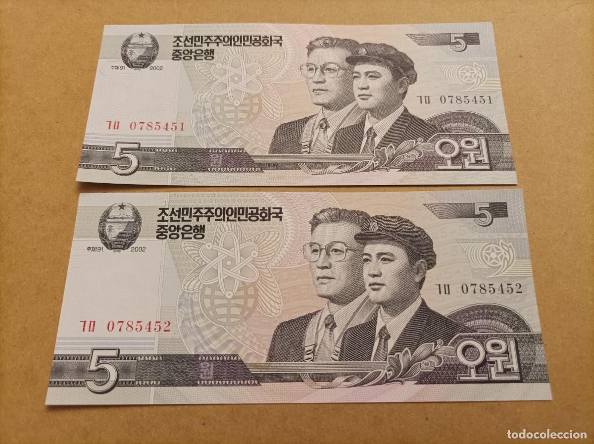 Billetes extranjeros: Pareja correlativa de Corea del norte de 5 won, a&ntilde;o 2002, UNC - Foto 1