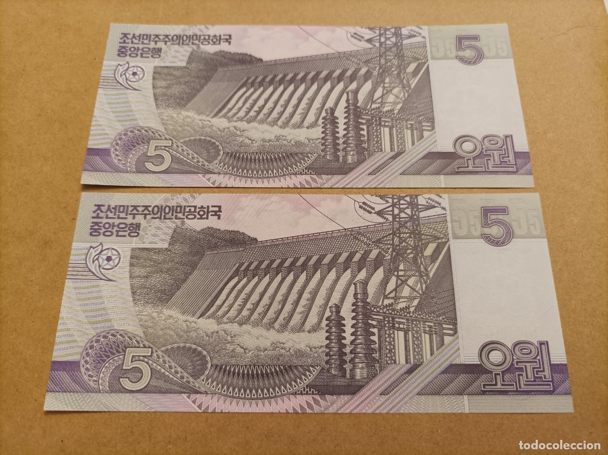Billetes extranjeros: Pareja correlativa de Corea del norte de 5 won, a&ntilde;o 2002, UNC - Foto 2
