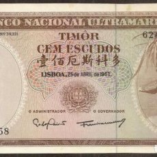 Billetes extranjeros: TIMOR. 100 ESCUDOS 25.04.1963. PICK 28. SC-/SC.
