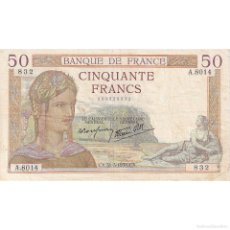 Billetes extranjeros: [#195715] FRANCIA, 50 FRANCS, CÉRÈS, 1938, A.8014, MBC, FAYETTE:18.11, KM:85B