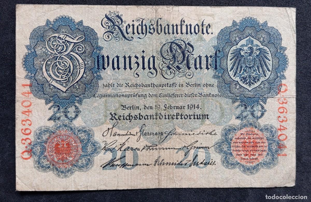 Billetes extranjeros: Alemania 20 marcos 1914 pick 46B 7 d&iacute;gitos (BC+)