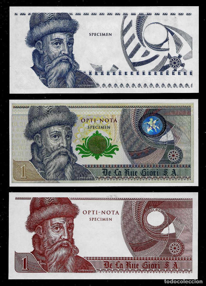 Billetes extranjeros: 3 Test notes De la Rue Giori GUTENBERG, UNC, Intaglio - Foto 1