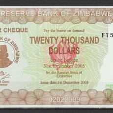 Billetes extranjeros: BILLETE DE ZIMBABWE 2003 - VALOR 20.000 DOLLARS -S/C