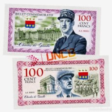 Billetes extranjeros: BILLETE CONMEMORATIVO 100 CENTS FRANCS - CHARLES DE GAULLE /UNCB