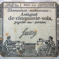 Billetes extranjeros: ASSIGNAT DE CINQUANTE SOLS. 1792. SÉRIE 404. FRANCIA