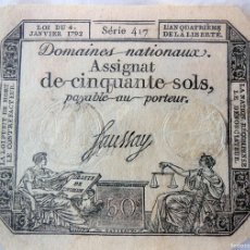 Billetes extranjeros: ASSIGNAT DE CINQUANTE SOLS. 1792. SÉRIE 417. FRANCIA