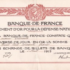 Billetes extranjeros: BANQUE DE FRANCE - VERSEMENT D'OR POUR LA DEFENSE NATIONALE AÑO 1915 - PRIMERA GUERRA MUNDIAL