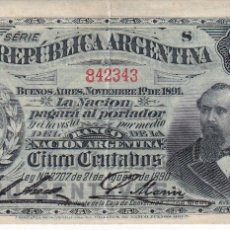 Billetes extranjeros: BILLETE DE ARGENTINA DE 5 CENTAVOS DEL AÑO 1891 EN BUENA CALIDAD