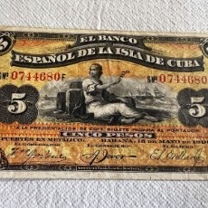 Billetes extranjeros: BILLETE EL BANCO ESPAÑOL DE LA ISLA DE CUBA 5 PESOS DE 1896 REVERSO PLATA