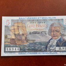 Billetes extranjeros: SAINT PIERRE & MIQUELON, 5 FRANCS 1950-60. SC. RARO!