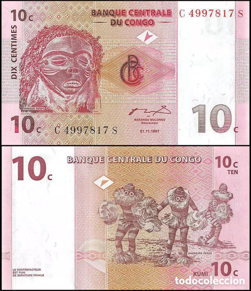 Billetes extranjeros: Lote x 10 Billetes CONGO 10 Cent 1997 SC - Foto 2
