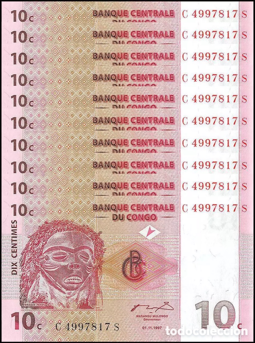 Billetes extranjeros: Lote x 10 Billetes CONGO 10 Cent 1997 SC - Foto 1