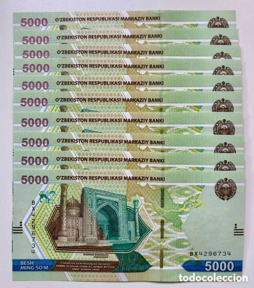 Billetes extranjeros: Lote x 10 Billetes UZBEKISTAN 5000 Som 2021 Sum. SC