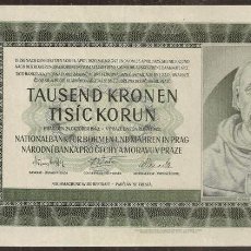 Billetes extranjeros: BOHEMIA & MORAVIA. OCUPACION ALEMANA II G.M. 1000 KORUN 24.10.1942. SIN PERFORACION SPECIMEN.