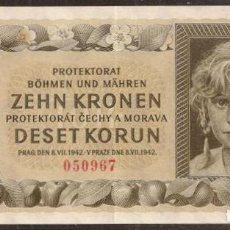 Billetes extranjeros: BOHEMIA & MORAVIA. OCUPACION ALEMANA II G.M. 10 KORUN 8.7.1942. SIN PERFORACION SPECIMEN. PICK 8A.