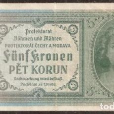 Billetes extranjeros: BOHEMIA & MORAVIA. OCUPACION ALEMANA II G.M. 5 KORUN (1940). SIN PERFORACION SPECIMEN. PICK 4A.