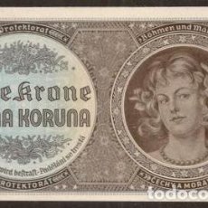 Billetes extranjeros: BOHEMIA & MORAVIA. OCUPACION ALEMANA II G.M. 1 KORONA (1940). SIN PERFORACION SPECIMEN. PICK 3A. S/C