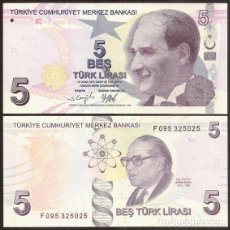 Billetes extranjeros: TURQUIA. 5 LIRAS NUEVAS L.2009 (2022). S/C. SERIE F. VER FIRMAS.