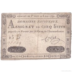 Billetes extranjeros: [#149037] FRANCIA, 5 LIVRES, 1791, 15G96049, BC+, KM:A42, LAFAURIE:137